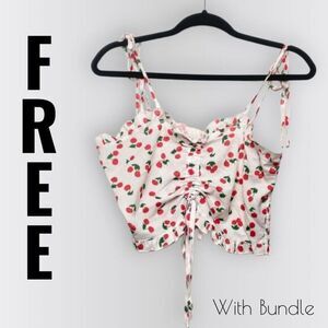 Cherry Print Ruffle Trim Drawstring Ruched Cami Top